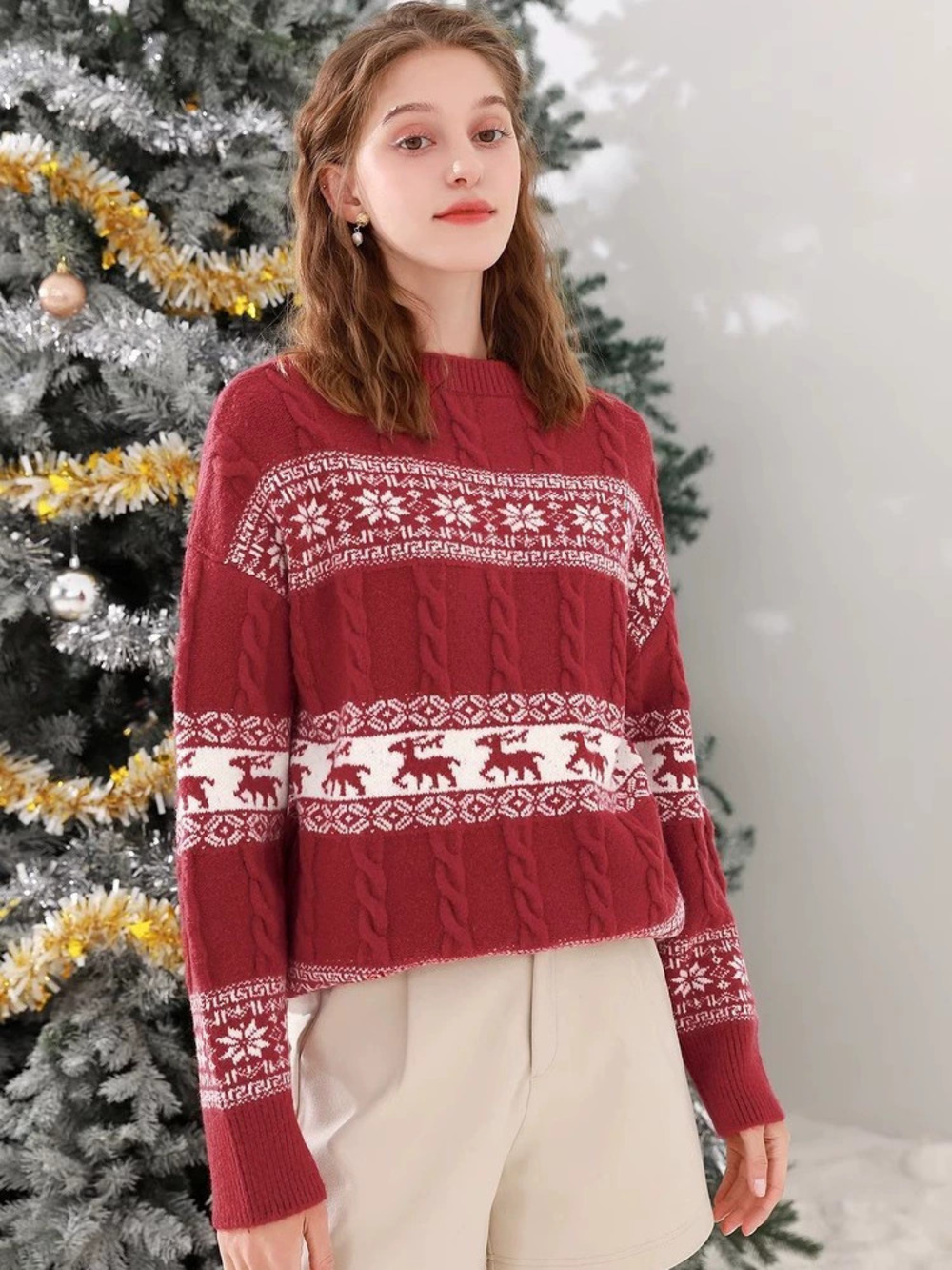 ZARA Women Christmas Knit Sweater Long Sleeve Loose Jacquard Pullover